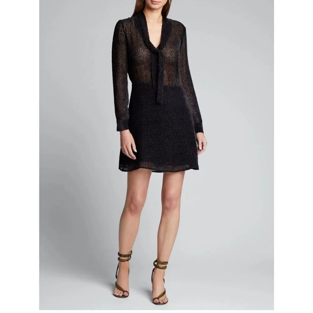 L'AGENCE Black Semi-Sheer Tie-Neck Mini Dress chiffon Polka Dot Sz 2